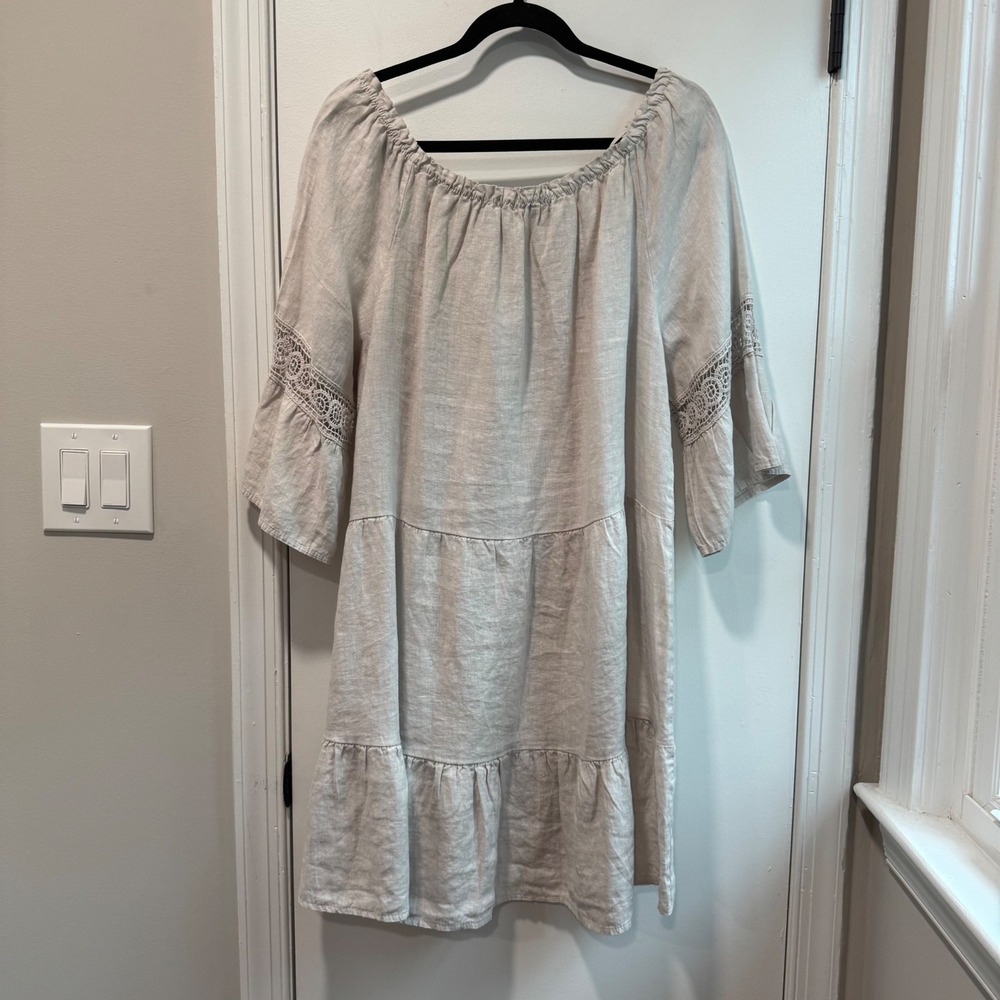 Terzo Millennio Italy Linen Tiered Mini Dress XL Beige Crochet Lace Bell Sleeve - Picture 4 of 7